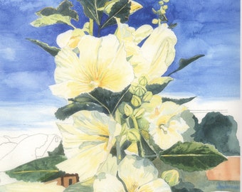 Yellow Hollyhocks Watercolor Painting - Print
