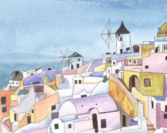 Limited-Edition Giclee Print of Original Watercolor Painting "Santorini"