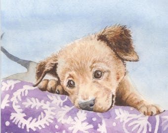 Limited-Edition Giclee Print of the Original Watercolor Painting "Puppy on Purple"