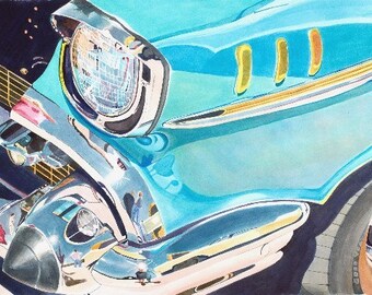 1957 Chevrolet Watercolor Painting, "Fifties Fender"- Print, Turquoise