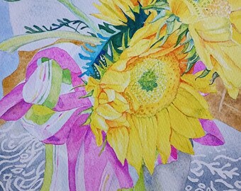 Limited-Edition Giclee Print from an original watercolor painting of sunflowers, "Ladies of the Club"