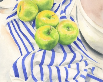 Granny Smith Apple Watercolor Painting - Print