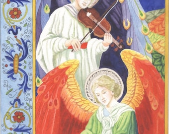 Angel Watercolor Painting, Musical Instruments, "Heavenly Harmony" - Print