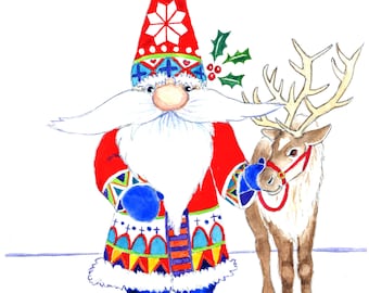 Limited-Edition Giclee Print of Original Watercolor Painting, "Gnome for the Holidays" Christmas Gnome