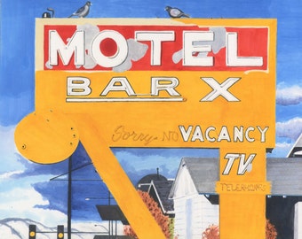 Motel Sign Watercolor Painting "Motel Bar X" - Print