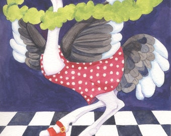 Dancing Ostrich Watercolor Painting - Print