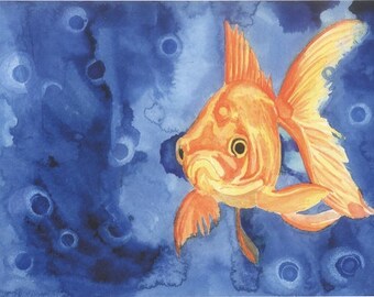 Limited-Edition Giglee Print of Original Watercolor Painting of a Goldfish, "Bubbles"