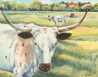Longhorn Watercolor Painting - Print