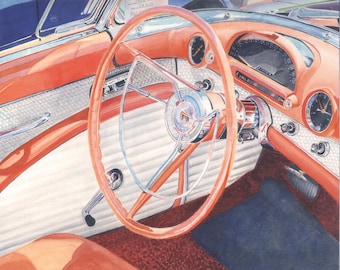 Limited-Edition Giclee Print of an Original Watercolor "Dashboard 1956" Painting of the Interior of a Vintage Car