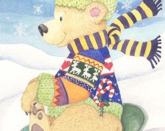 Bear on a Sled Watercolor Painting, "Sledding Teddy" - Print