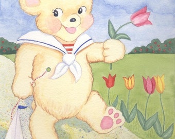 Teddy Bear Sailor Watercolor Painting, "Sailor Bear" - Print