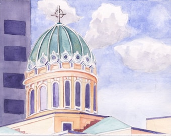 Original Watercolor Painting of First Christian Church Dome, Fort Worth Texas