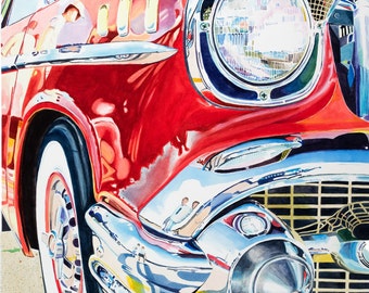 1957 Chevrolet Watercolor Painting, "Fifties Fender II" - Print, Red