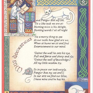 Irish Themed, Celtic Colored Pencil Painting, &quot;I and Pangur Ban my Cat&quot;