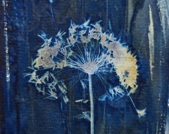Original Cyanotype Print Botanical Art Blue Wall Decor OOAK Handmade Art Print Matted Botanical Art