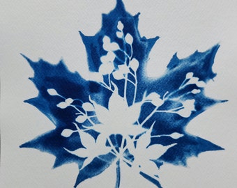 Square Original Cyanotype Print of Maple Leaves and Wild Rose Hips, Botanical Art, Art in Blue, OOAK 8" x 8" Handmade Monochromatic Art.