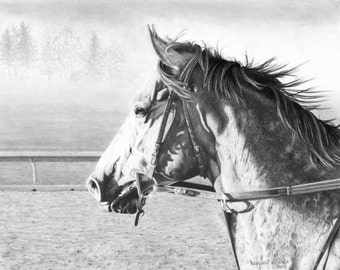 Equine Horse Racing Art Giclee Print Wall Hanging Graphite Pencil Drawing Black and White Decor Christmas Gift