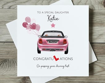 Personalised Passed Driving Test Card | Fun New Driver Card For Her | Congratulations Daughter On Passing Your Driving Test | Pink Car