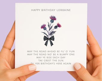 Personalised Scottish Birthday Card – Thistle & Tartan Bow with Traditional Scottish Blessing - Birthday Quote in Scots