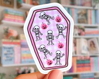 Dancing Skeleton Sticker, Pink Halloween Coffin Sticker, Spooky Cute Decal
