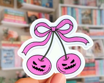 Pink Halloween Cherry Sticker, Spooky Cherries with Bow Vinyl Decal