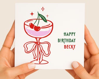 Personalised Cherry Cocktail Birthday Card, Pink Drink for Her