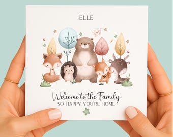 Personalised Adoption Card: Woodland Animals, Welcome to the Family Keepsake