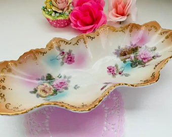 Vintage Celery Dish Pink Yellow Rose