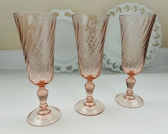 Vintage Pink Swirl French Champagne Glasses Set of Three
