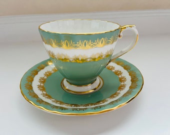 Vintage Teacup and Saucer Aynsley Green Gold English Bone China