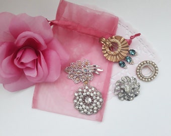 Sale Vintage Brooch Collection Destash of Five, Sparkle Rhinestones and Pearls