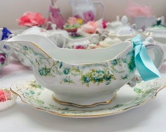 Vintage Gravy Boat with Underplate Green Floral