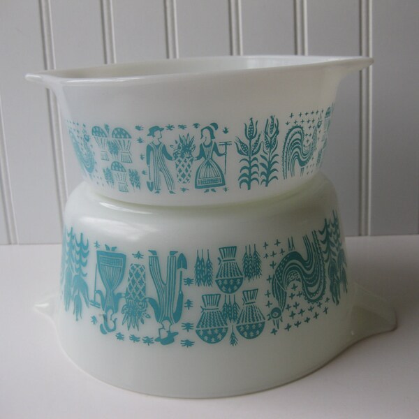 Vintage Pyrex Butterprint Aqua and White Retro Cinderella Pair of Baking Dishes