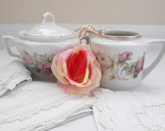 Vintage Pink Rose Pink Tulip Cream and Sugar Set German Mismatched - Tea Parties Bridal