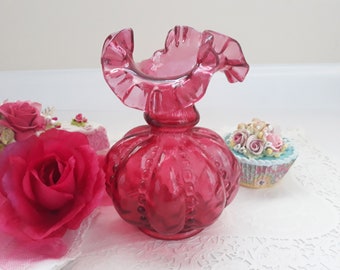 Vintage Fenton Cranberry Beaded Vase - Chic Decor