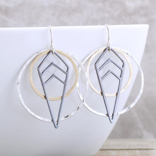 Long Dangle Earrings Geometric Jewelry Mixed Metal Jewelry Gold and Silver Earrings Modern Earrings Bohemian Chic Earrings Gold Gift For Her