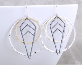 Long Dangle Earrings Geometric Jewelry Mixed Metal Jewelry Gold and Silver Earrings Modern Earrings Bohemian Chic Earrings Gold Gift For Her