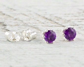 Sterling Silver Amethyst Stud Earrings - February Birthstone Earrings - 4mm Studs - February Birthday - Purple Earrings - Christmas Gift