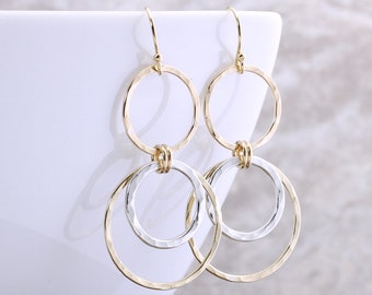 Mixed Metal Earrings Gold And Silver Dangle Earrings Silver Gold Earrings Hammered Circle Earrings