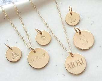 14k Solid Gold Initial Necklace - Personalized Initial Charm - Solid Gold Name Pendant - Tiny Gold Initial Disc - Gift For Mom