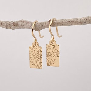 hand stamped wildflower gold filled rectangle dangle earrings