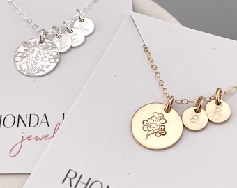 Personalized Flowers Initial Necklace - Tiny Initial Necklace - Great Mother and Grandmother Gift - Choice of Metal and Wildflower Stamps