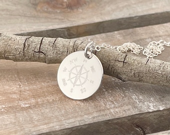 Sterling Silver Compass Necklace - Engraved Silver Personalized Necklace - Compass Coordinates Necklace - Gift For Travelers  - Mother's Day