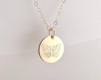 14k Gold Butterfly Necklace - Engraved Gold Pendant Necklace - Your Choice of Gold Fill or 14k Solid Gold - Keepsake Gift For Her