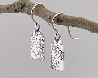 Tiny Sterling Silver Wildflower Earrings - Hand Stamped Minimalist Earrings - Botanical Earrings - Gift For Women - Dainty Dangle Earrings