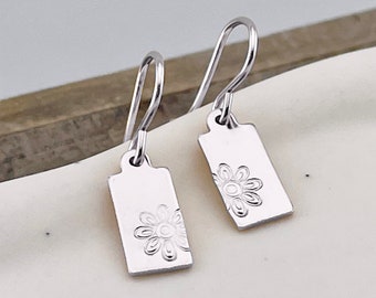 Sterling Silver Bold Flower Botanical Earrings - Tiny Dangle Earrings - Dainty Flower Drop Earrings - Minimalist Earrings - Gift For Her