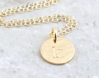 14k Gold Initial Necklace  Solid Gold Initial Charm Necklace  14k Gold Pendant  14k Gold Initial Disc  Gift For Mom  14k Gold Personalized