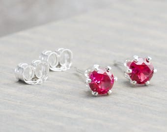 Sterling Silver Ruby Stud Earrings - July Birthstone Earrings - 4mm Studs - July Birthday - Deep Pink Earrings - Christmas Gift - Birthday