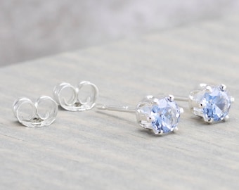 Sterling Silver Aquamarine Stud Earrings - March Birthstone Earrings - 4mm Studs - March Birthday - Light Blue Earrings - Christmas Gift