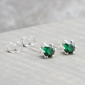 Sterling Silver Emerald Stud Earrings - May Birthstone Earrings - 4mm Studs - May Birthday - Dark Green Earrings - Christmas Gift - Birthday